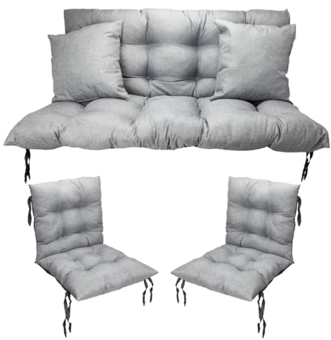 Filippo Sitzauflagen Gartenmöbel Set: Hollywoodschaukel Kissen 120 x 55 x 55 cm und 2 x Gartenstuhl Sitzkissen 50 x 50 cm - Schimmelbeständig, Handgefertigt und Wasserdicht mit Befestigungsschnüre