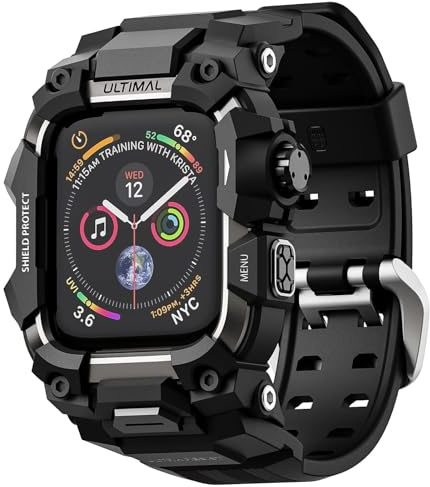 ULTIMAL Rugged Case with Band for Apple Watch Straps 45mm, Compatible with Apple Watch Series 9/8/7 Band, Enhanced Military Grade Shockproof Bumper Cover for iWatch Strap Men (45mm, Black)