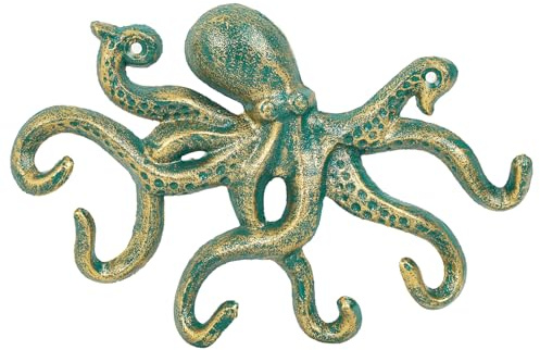 Sungmor Cast Iron Key Holder for Wall, Decorative Octopus Hanger with 6 Hooks, Vintage Green Wall Hooks for Towel, Bathrobe, Necklaces, Purse, Dog Leashes, Bathroom Nautical Decor