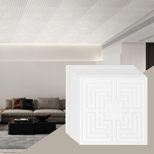 VEVOR Pannelli per Controsoffitto 605 x 605 mm Pannello per Soffitto, Confezione da 12, Facile Installazione/Taglio, Pannelli per Soffitto in Plastica Adesivi, Decorazione di Casa, Motivo Eco Bianco