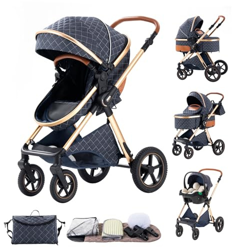 BEBBY Kinderwagen, Standard-Kinderwagen, Kinderwagen 3 in 1,Kinderwagen mit Faltbarem Tragbarem für Neugeborene aus Aluminium mit Beinabdeckung und Netz-H2-BLUE