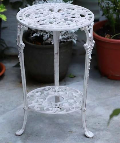 WOTZOV Terrassen-Beistelltisch, Metall-Beistelltisch, wetterfester Bistrotisch, tragbarer Couchtisch, Tabletttisch, dekorativer Gartenhocker für den Außenbereich，Weiß