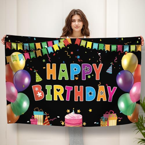 Koliphy Happy Birthday Banner, Geburtstag Banner Deko, Geburtstagsdeko für Junge Mädchen, Handgehalten Stoff Geburtstagsbanner Dekoration für Drinnen und Draußen(Schwarz Bunt)