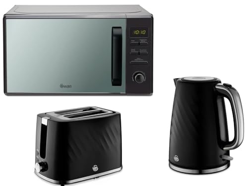 Swan Windsor Black 1.7L 3KW Kettle, 2 Slice Toaster & 800W 20L Digital Microwave. Contemporary Matching Kitchen Set with a Premium Sleek Black Finish