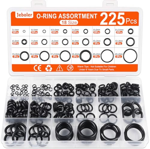 225 Pcs Rubber O Rings Set, Ø 3-22 mm Universal O-Ring Gaskets Seal Assortment Kit, Nitrile Pressure Washers Gasket Rings for Mixer Tap, Plumbing, Automotive, Air and Gas Sealing Repair - 18 Sizes