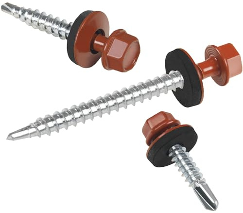 Vis pour tôles trapézoïdales PAROTEC, vis autoperceuses et autotaraudeuses avec rondelle d'étanchéité EPDM, tête hexagonale, 4,8 mm x 70 mm, RAL 8004 Rouge brique, 200 pièces