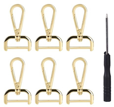 Qaixwuyi 6 Stück D Ringe Karabiner Haken Karabinerhaken mit Drehgelenk mit 1 Mini Schraubendreher Drehbare Schlüsselanhänger für Handtaschen Taschen Nähprojekte DIY-Zubehör 25mm Innenbreite Gold