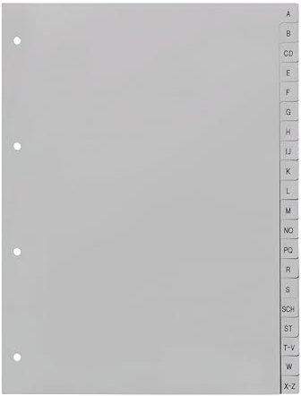 Ordnerregister A-Z, neutral, ohne Deckblatt, 20-teilig, DIN A4, Register aus PP, strapazierfähige Trennblätter für Ordner, lichtgrau