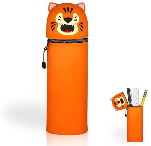 Hiqiku Kawaii Tiger 2-in-1 Weiche Silikontasche, Mäppchen Federmäppchen, Stand Up Federmäppchen, Tier Stifthalter, Stifthalter Bleistifttasche Mädchen Junge (Orange Tiger)