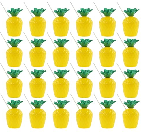 Pineapple Cup with Straw - Pack of 24 - Yellow Pineapple Drink Cup with Attached Green Stem and Paper Straw - Perfect for Summer Tropical Beach Parties, Luau, and Poolside Fun