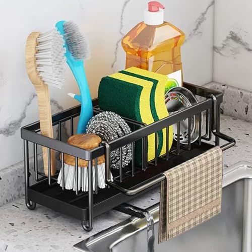 Koolkasa Kitchen Spülbecken Organizer Schwammhalter, Küche Spüle Organizer mit Abnehmbarem Spültuchhalter, Metall Sink Caddy mit Automatisch Abflusspfanne(Schwarz)