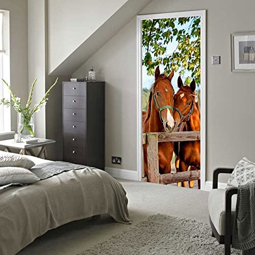 Braunes Pferd Selbstklebend Türposter Türaufkleber 77x200 cm für Wohn Schlaf Türtapete Tier PVC Wasserdicht Türfolie & 3D Türdekoration für Badezimmer & Wand
