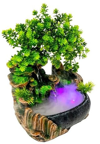 Zen Zimmerbrunnen mit LED Licht und Wasserfall, Tischbrunnen aus Harz in Natursteinoptik mit Kiefer und Nebeleffekt, Feng Shui Dekoration für Meditation, Entspannung, Glück, H 28 cm