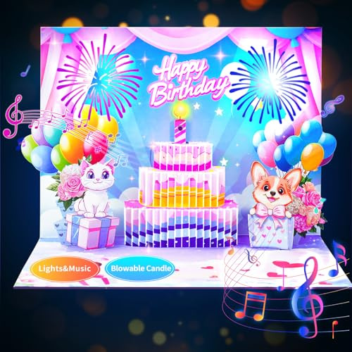 Cartes d'anniversaire musicales, mignon chat chien lumineux et bougie soufflante 3D amusante carte d'anniversaire pop-up – Cadeau parfait pour sœur, fille, amie, fille