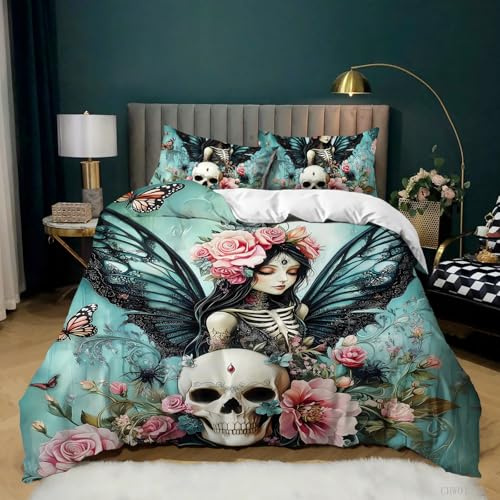 AILONEN Gothic Skull with Flower Twin Size Duvet Cover Set,Skeleton Fairy Bedding Sets,Boho Butterfly Style Comforter Cover,3-Pieces,1 Quilt Cover and 2 Pillowcases,Soft Microfibre