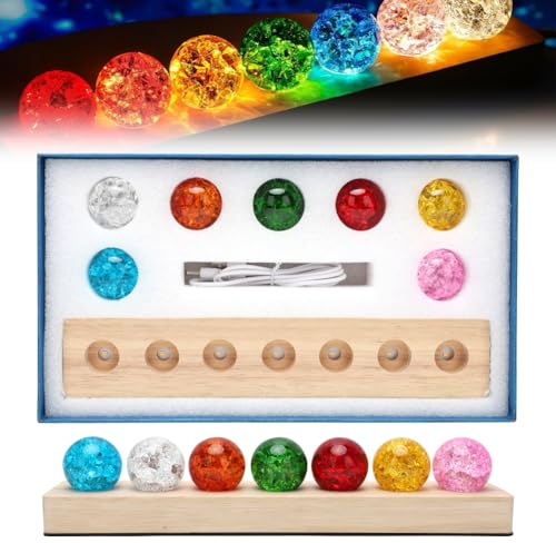 3D Kristallkugel Nachtlicht, 7 Farben Kristallkugeln 40mm Eis Riss Kugeln Glaskugel Planeten Lampe mit Holzsockel, Astronomie LED Ball Lampe, Chakra Kristallkugeln Heilkugeln Kugel für Raumdekoration