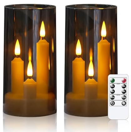 Jonuin 2er Set Flammenlose Kerze, LED Kerzen mit Fernbedienung, Batteriebetriebene LED Stumpenkerzen, mit Timerfunktion, für Schlafzimmer Wohnzimmer Tischplatten, Festliche (Grau)