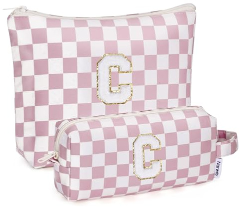 Narwey Personalised Birthdays Gifts Makeup Bag for Women, Christmas Friendship Gifts for Her, Make up Cosmetic Bag, Toiletry Wash Bags Travel Accessories Holiday Essentials (Dusty Pink Checkerboard C)
