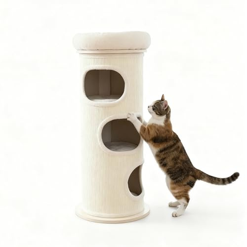 PetRhein Bamboo Tower XL Kratztonne 110 cm – Kratzbaum Sisal mit Kuschelhöhle, 3 Ebenen und Aussichtsplattform, Katzenturm für große Katzen auf Kleiner Stellfläche