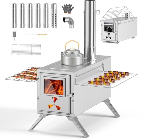 MOPHOTO Camping Wood Stove, Hot Tent Stove with 7 Chimney Pipes-38x20x22cm | Stainless Steel Chimney Pipes, Spark Guard, Outdoor Heating, Cooking, Ice Fishing, Hunting