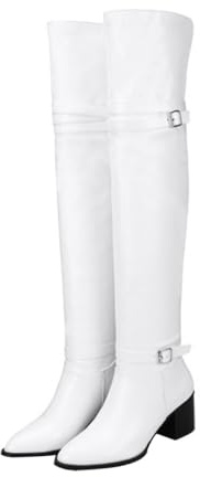 KOMBIUDA Bottes Cuissardes pour Femme à Talons Épais Hauteur Genou Surface PU Blanche Semelle Antidérapante en Caoutchouc Taille 38 pour Automne et Hiver