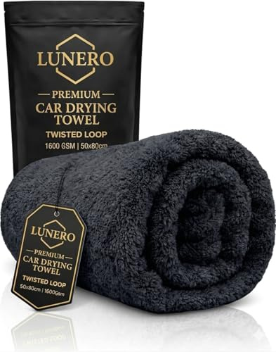 Lunero Premium Twisted Loop Microfibre Car Drying Towel Extra Large 50x80cm, 1600 GSM – Ultra Absorbent Quick Drying Microfiber Car Cleaning cloths Valeting, Detailing & Polishing – Streak Free