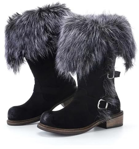 GHTRHSB Bottes de neige mi-mollet pour femme en fausse fourrure - Chaudes et repliables - Antidérapantes - Talon bas - En daim synthétique, Noir , 39 EU