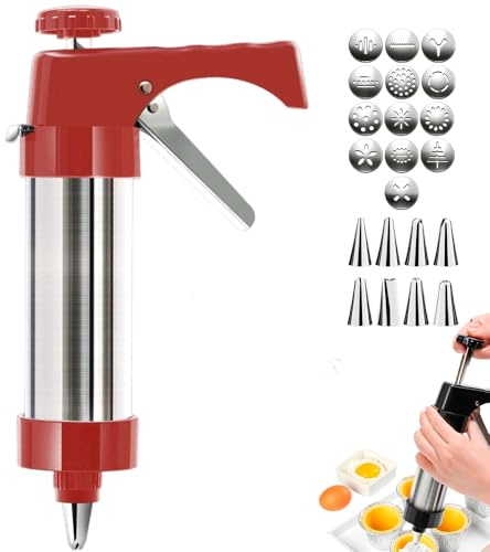 Gebäckpresse Edelstahl, 2026 Neu Cookie Press, Spritzgebäck Presse 13 Keksscheiben und 8 Spritztüllen, Gadgets zum Keksbacken für Kreatives Spritzgebäck, Spülmaschinengeeignet (Red)