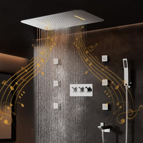 SWHC Colonna Doccia Idromassaggio Incasso, 64 Colori RGB LED Musicale | Colonna Doccia a Incasso, Montaggio a Soffitto Set Doccia, 6PCS Getti Idromassaggio, Corpo in Ottone