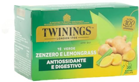 Twinings, Tè Verde Zenzero e Lemongrass, Antiossidante, 20 Filtri | Sapore Brioso e Dissetante, Antiossidante e Digestivo