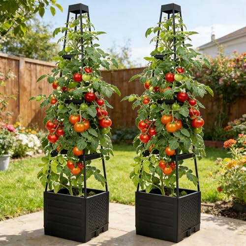 Yolispa Tomato Planter, 2 Pack Raised Garden Bed with Trellis, Self-Watering Planters Box Tall Square Planters for Tomatoes Climbing Plants Vegetable Vine Flowers Outdoor & Indoor(2)
