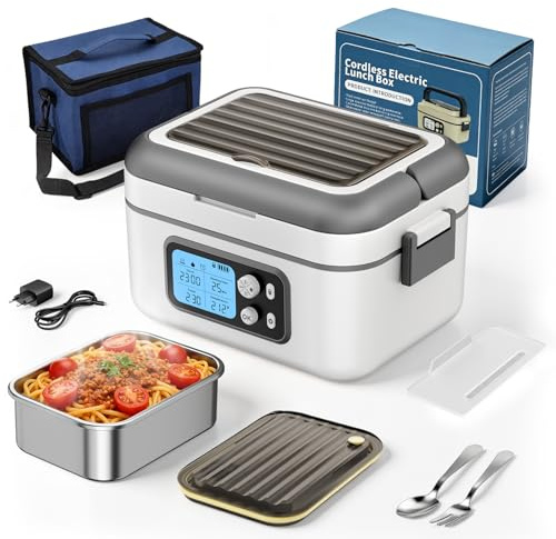 Gamelle Chauffante, 1.5L Intelligente Boîte à Lunch Chauffante avec écran Tactile, 27000mAh Boîte à Lunch Chauffante Sans Fil avec Vaisselle en Acier Inoxydable et Sac Isotherme, Idéale pour le Bureau