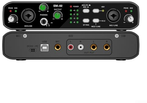 External USB Sound Card Audio Interface 2 in 2 Out with 48 V Power for XLR Microphone and Instruments for Studio Recording Gaming Streaming Black