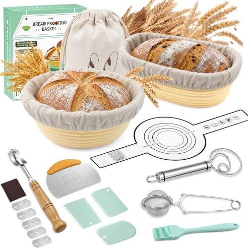 Dhapy Sauerteig Starter Set 12-tlg faltbares Silikon-Gärkörbchen | Brotbackset für Anfänger: rund 23,5 cm & oval 26 cm, faltbar, mit Backmatte, Schneebesen, Brot-Lame & Teigschaber