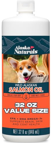 Alaska Naturals Wild Alaskan Salmon Fish Oil Supplement for Dogs Skin and Coat with EPA DHA Omega 3 Fatty Acids Liquid Food Topper 32 oz.
