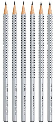 Faber-Castell Bleistift Grip 2001 in 6er-Packung, Härte: HB, Farbe der Hülle: silberfarben silber 2B