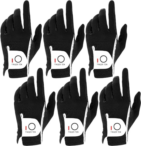 FINGER TEN Golf Handschuhe Herren RainGrip Hot Wet Wetter Komfort Extra Value Linke Hand Links und rechte Hand rechts strapazierfähigem Golf Handschuhe 6 Pack (Schwarz, Small, Links)