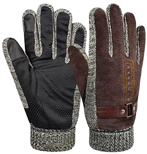 heekpek Men's Winter Leather Gloves Thick Warm Fleece Windproof Gloves Cold Proof Mittens for Driving Cycling Motorcycle Camping (Brown)