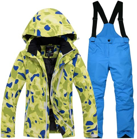 YFCH Bambini Ragazzi/Ragazze 2 Pezzi Tuta da Sci Cappuccio Antivento e Impermeabile Giacca da Sci + Pantaloni Invernali, Verde+Azzurro, 7-8 Anni/M