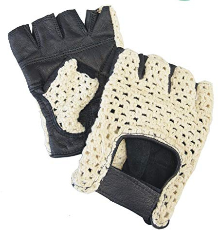 AMAS The Best GUANTI DA GUIDA MEZZE DITA EPOCA HALF FINGER IN PELLE + RETE AUTO BICI VINTAGE CAFE' RACER (NERO rete avorio, 3XL)
