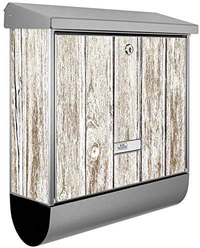 banjado® Burgwächter Briefkasten Edelstahl 38x39x12cm mit Motiv Weißes Holz/Briefkasten Edelstahl ohne Zeitungsfach/Briefkasten grau/Postkasten inkl. Montagematerial & 2 Schlüsseln