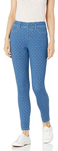 Amazon Essentials Women's Pull-On Mid Rise Stretchy Knit Jegging, Indigo Wash White Dots, Large Long