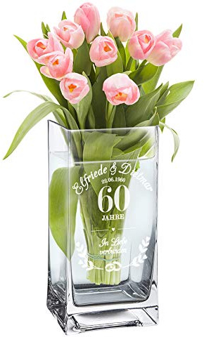 Casa Vivente Blumenvase mit Gravur zur Diamanthochzeit, Vase mit Ring-Motiv, Personalisiert mit Namen und Datum, Geschenk zum 60. Hochzeitstag