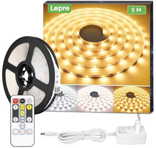 Lepro LED Strip 5M Set Dimmbar,Warmweiß bis Kaltweiß LED Streifen 12V Selbstklebend, Flexibel DIY LED Band, IP20 LED Leiste, 300 LEDs SMD 2835, LED Lichtband für Innen Küche Zimmer Deko