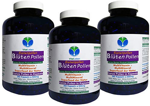 BLÜTENPOLLEN - GANZE Bienenpollen in Kapseln - MultiVitamin + MultiMineral NATUR PUR - 1080 (3x360) Kapseln Imkerqualität - HOCHWIRKSAM. OHNE ZUSATZSTOFFE. 26925-7