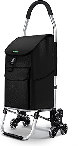 VOUNOT Carrito Compra Plegable de Aluminio, Carro de la Compra 6 Ruedas con Bolsa Oxford Desmontable, 45 L, Negro