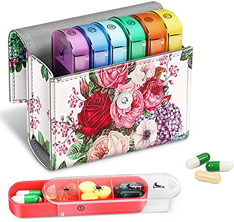 FINPAC Tablettenbox 7 Tage 4 Fächer - Pillendose 4 mal am Tag mit Kunstleder Tasche und Namenskarte Medikamentenbox für Pillen Vitamin Fischöl für Morgens Mittags Abends Nachts, Blumengarten