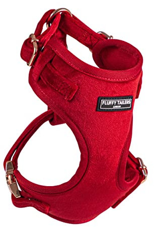 Fluffy Tailers Luxury Red Velvet Dog Harness | Extra Extra Small Dog Harness, No Pull, Adjustable Puppy Harness with Breathable Padded Chest Strap for Small & Teacup Dogs | Comfortable, Stylish, Safe