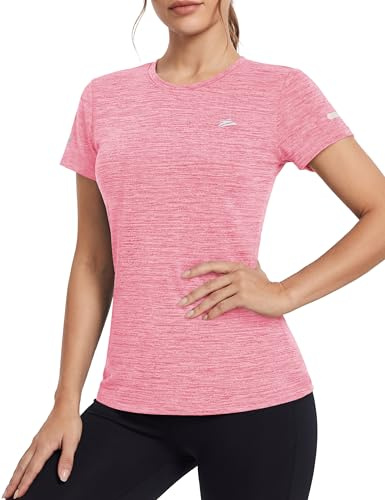 TACVASEN Damen Meliert Sport T-Shirt Laufshirt Kurzarm Sportshirt Rundhals Shirt Sommer Leicht mit Reflexstreifen