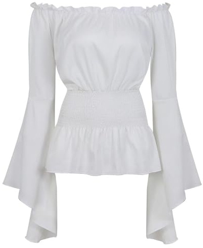 Blanc Chemise Femme Chic et élégant Medieval Renaissance Blouses Top Rétro Victorien Épaule Dénudée Sexy Pirate déguisement L